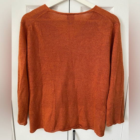 Eileen Fisher Cotton Linen Blend Italian yarn burnt orange Cardigan MOP buttons - Picture 2 of 13
